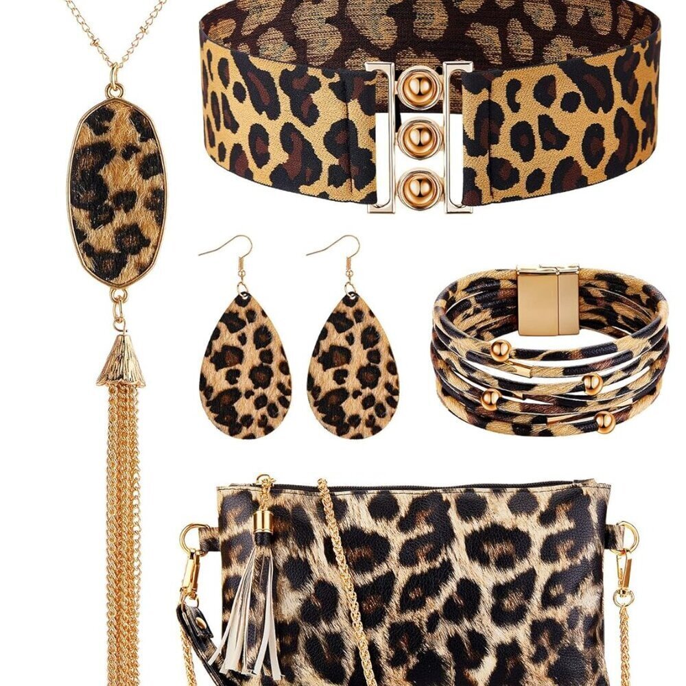 Leopard Jewelry Set Women Accessories Necklace Earrings Bracelets Purse Belt